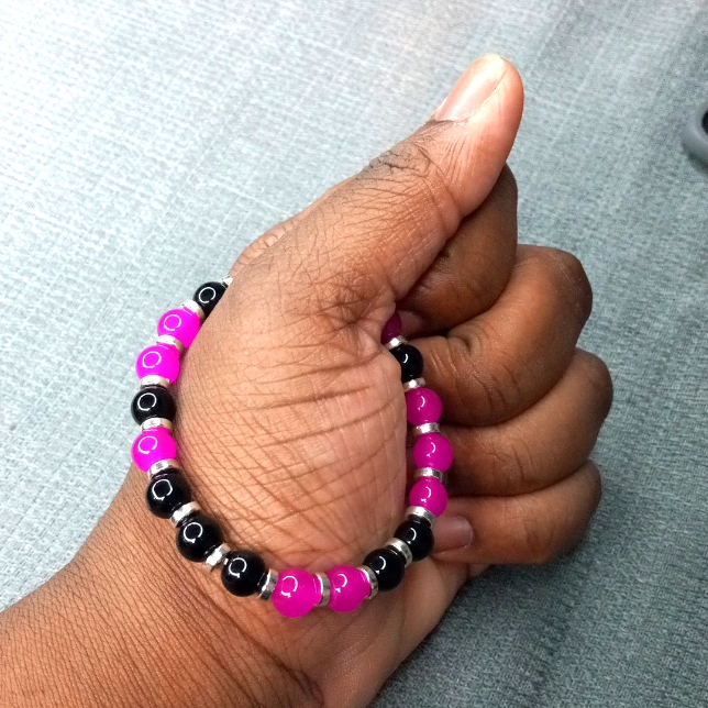 Purple And Black Beaded Bracelet With Silver Rhinestones